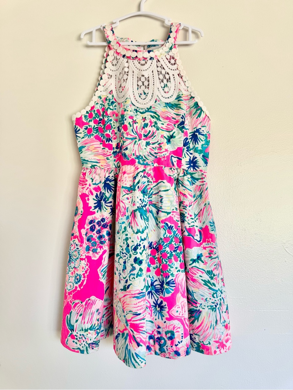 Lilly Pulitzer Pink Floral Halter Dress with Crochet Yoke